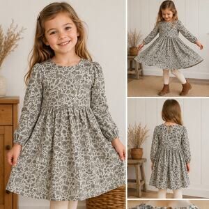 City Mouse Twirl Dress Girls Size 6 Gray Woodland Deer Print Long Sleeve